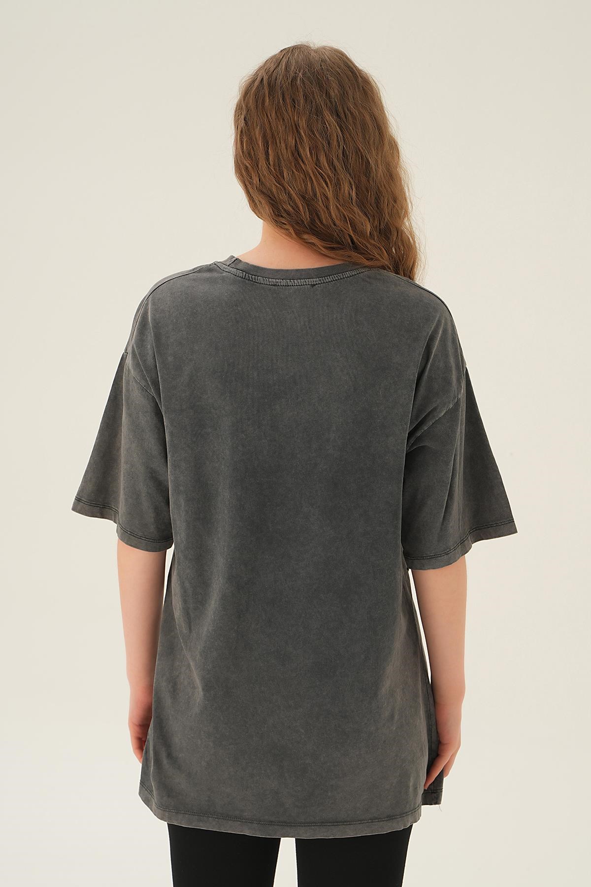 Antrasit Brooklyn Baskı Oversize Tişört 3905