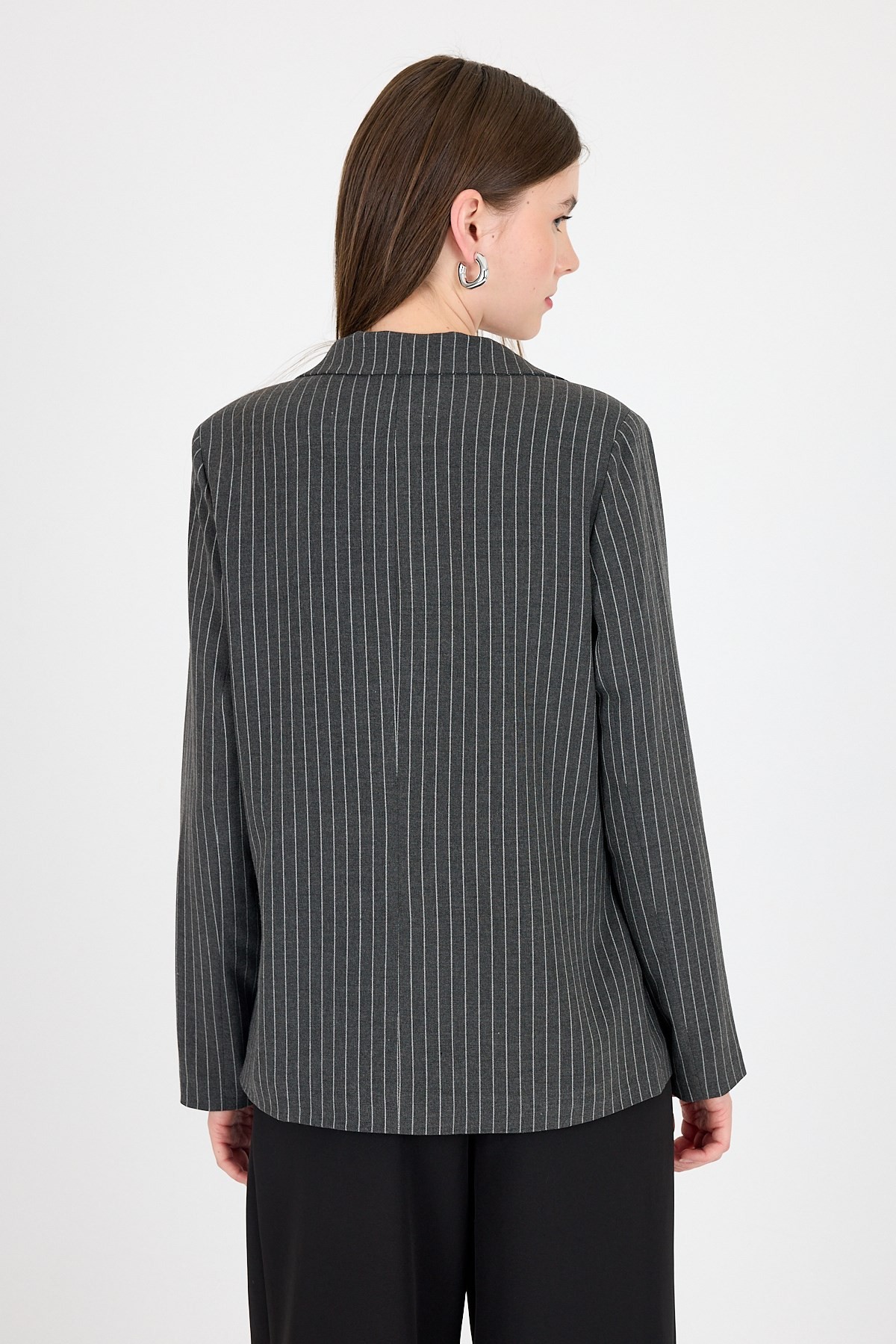 Antrasit Çizgili Tek Düğmeli Blazer Ceket 4594A