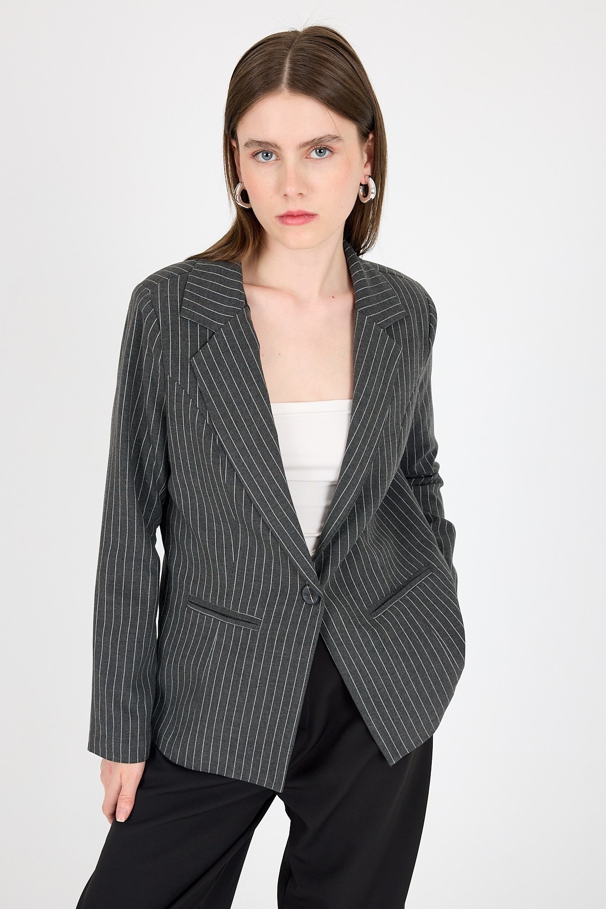 Antrasit Çizgili Tek Düğmeli Blazer Ceket 4594A