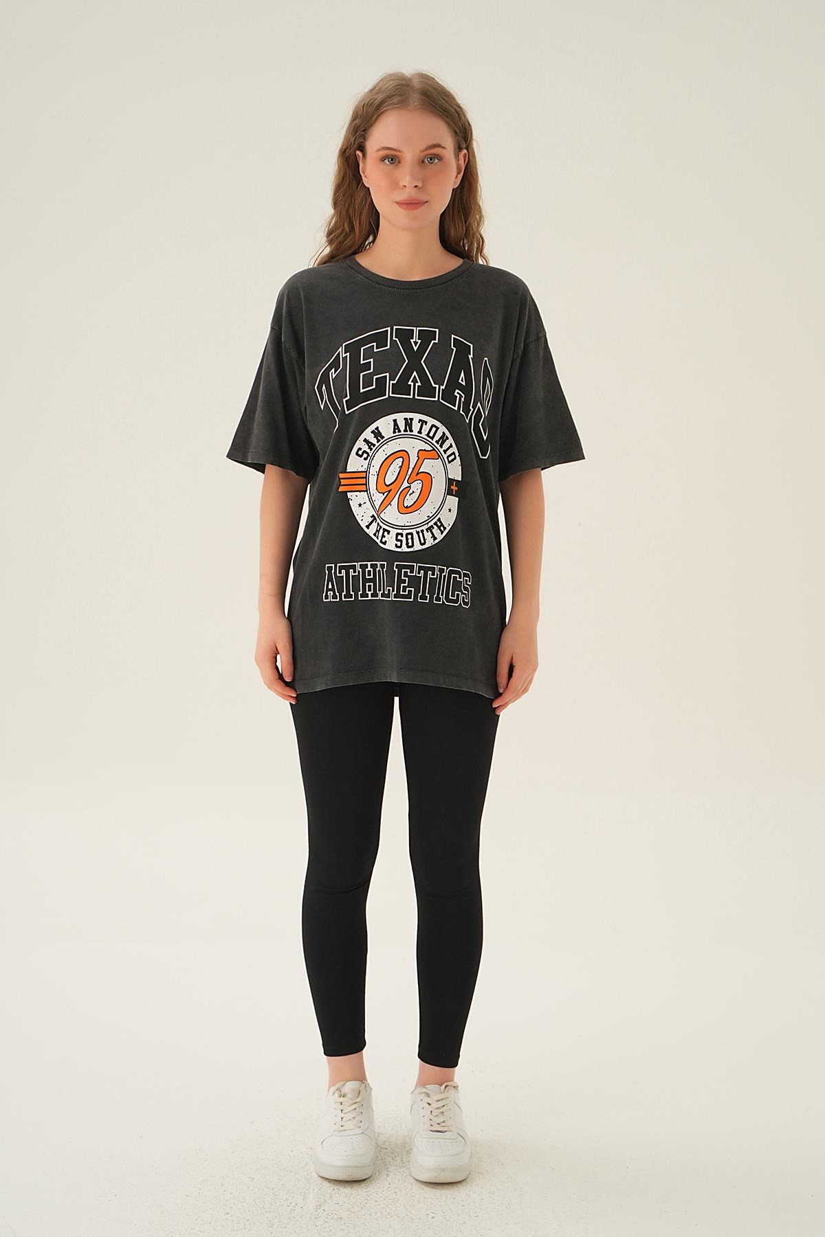 Antrasit Texas Baskı Oversize Tişört 3583