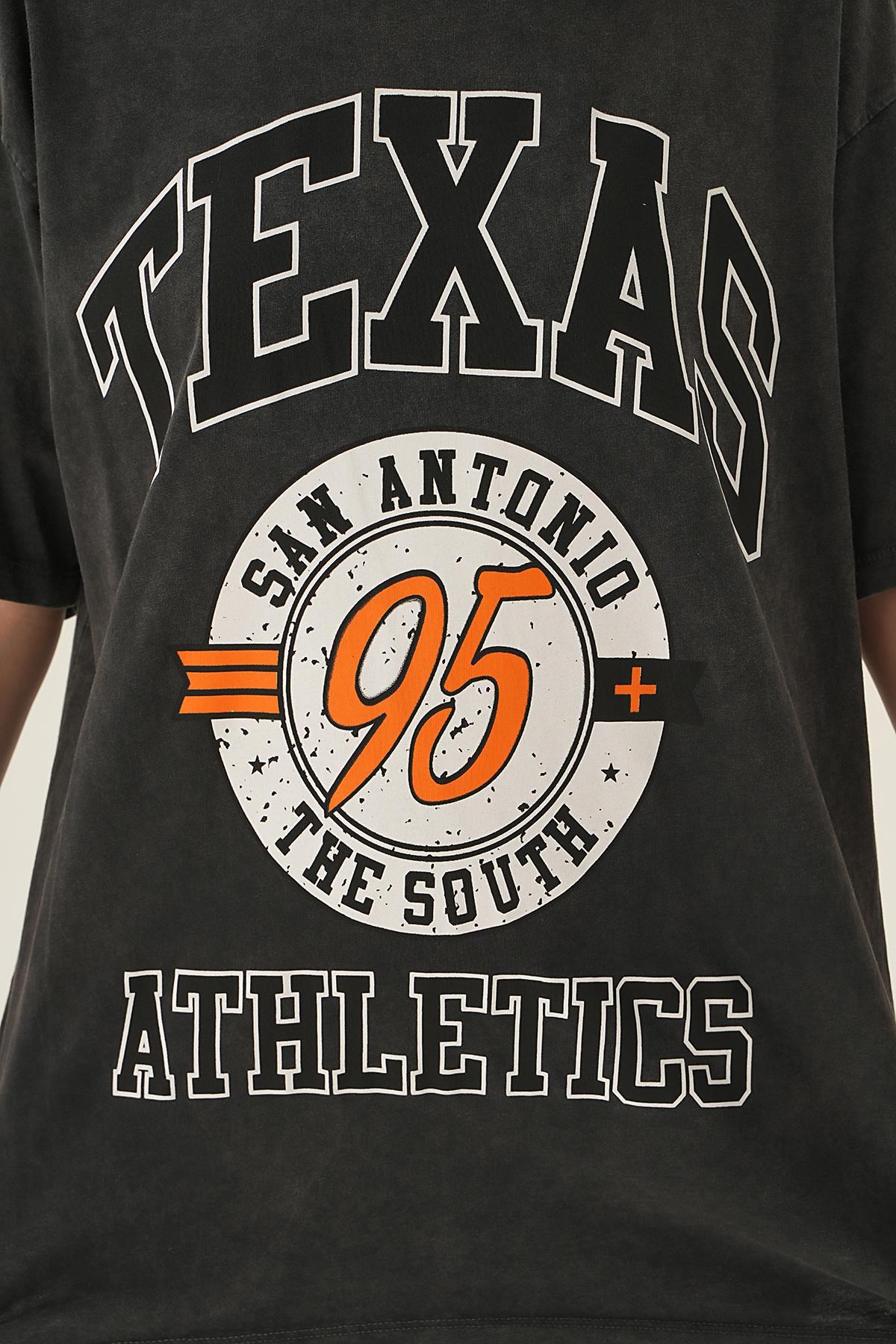 Antrasit Texas Baskı Oversize Tişört 3583