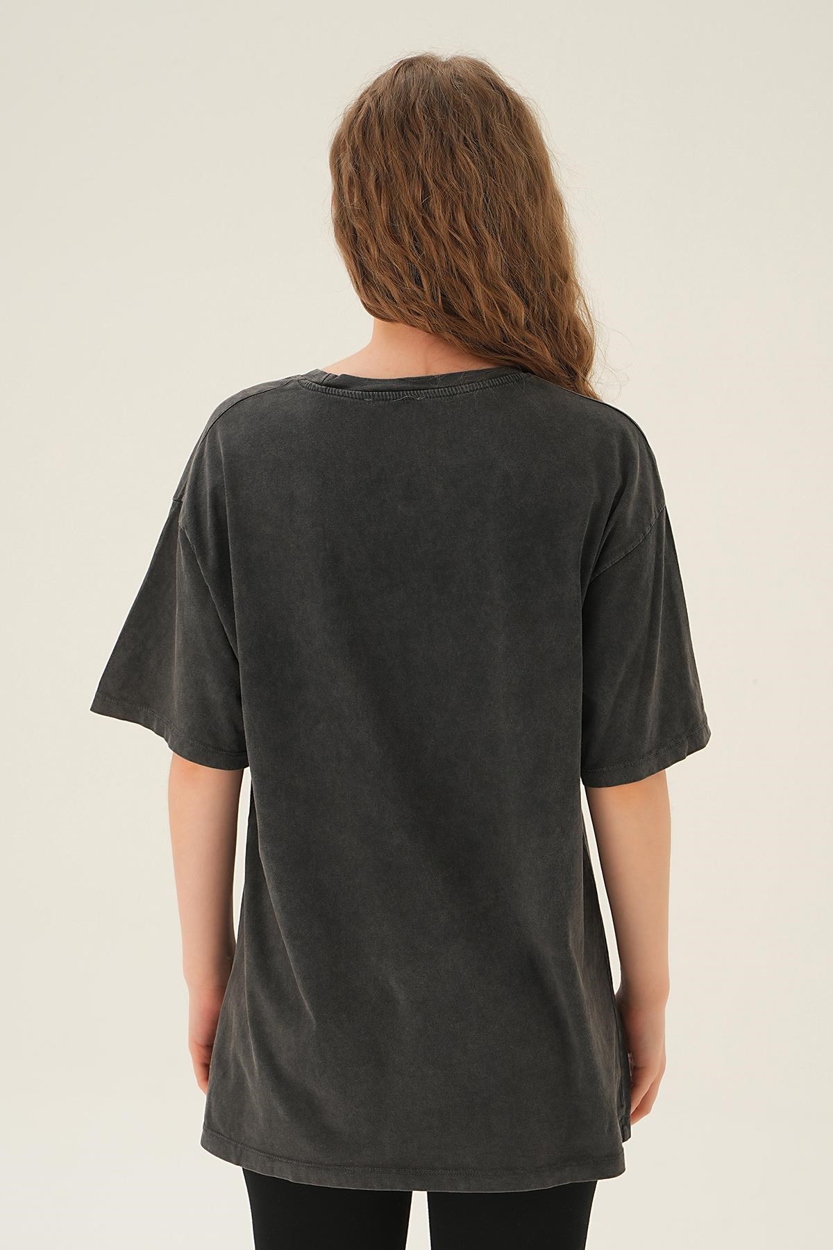 Antrasit Texas Baskı Oversize Tişört 3583
