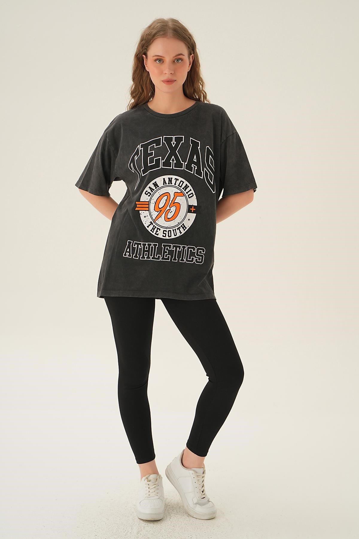 Antrasit Texas Baskı Oversize Tişört 3583