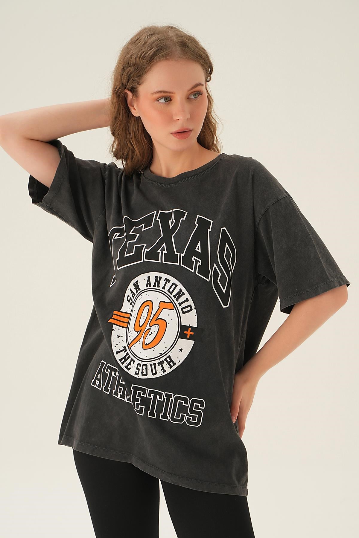 Antrasit Texas Baskı Oversize Tişört 3583