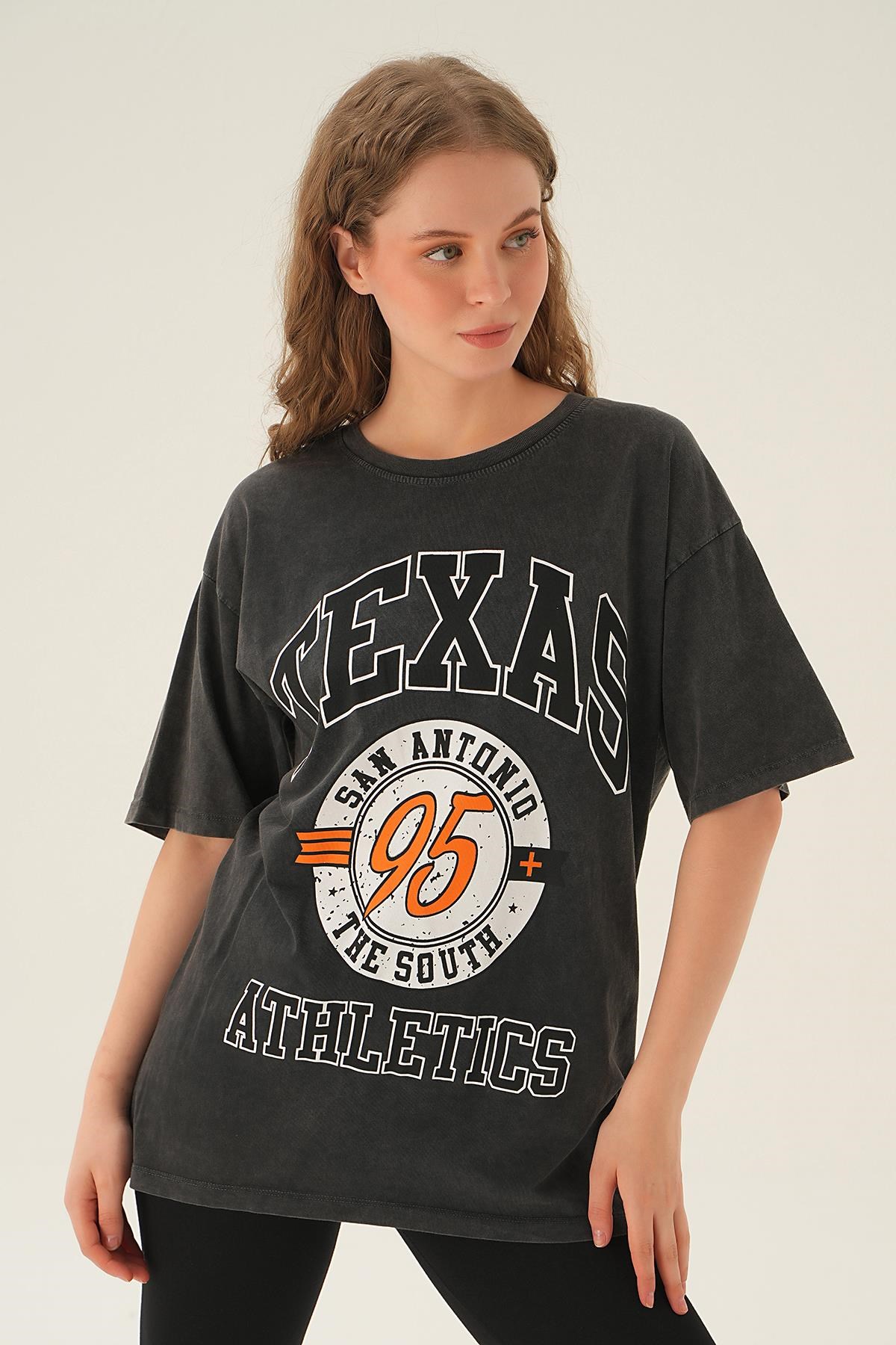 Antrasit Texas Baskı Oversize Tişört 3583