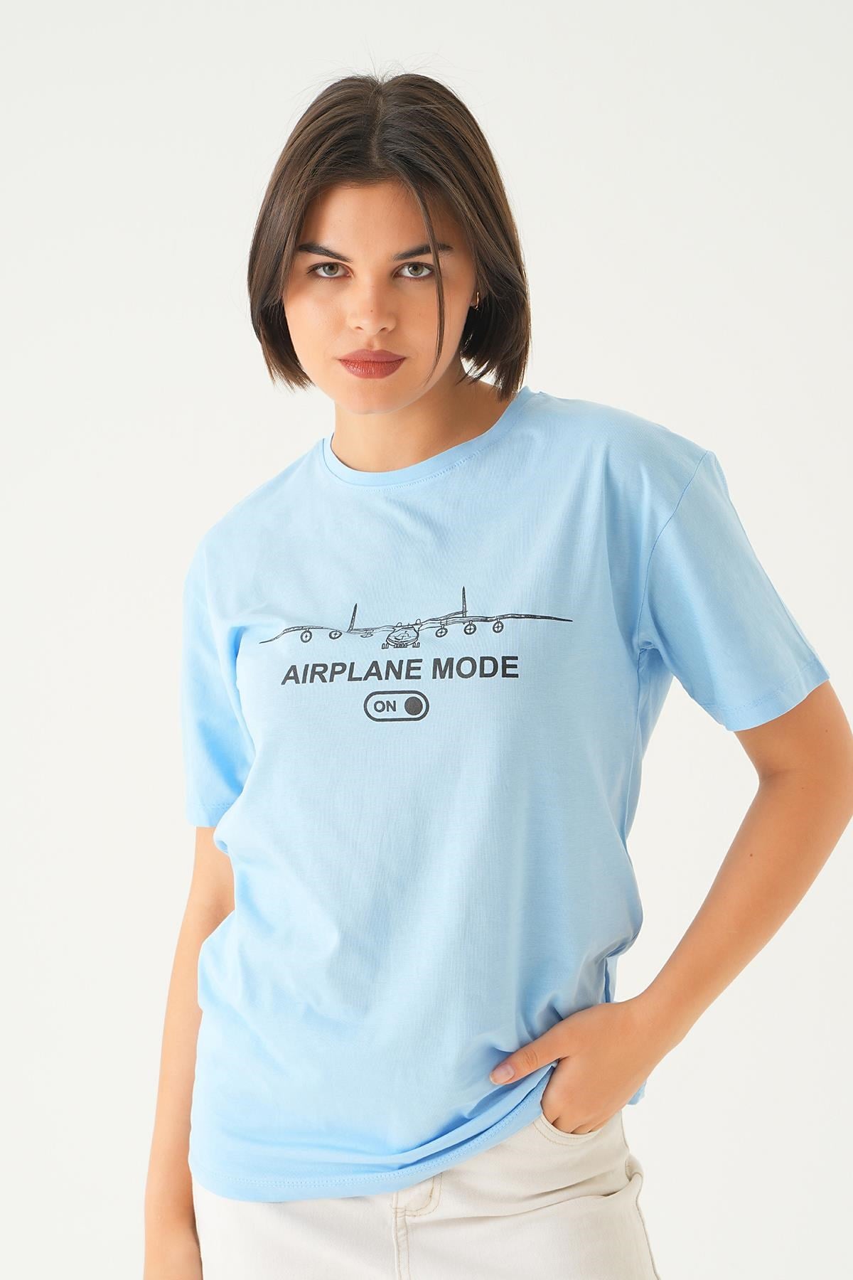Bebe Mavi Mode On Baskı Oversize Tişört 1721