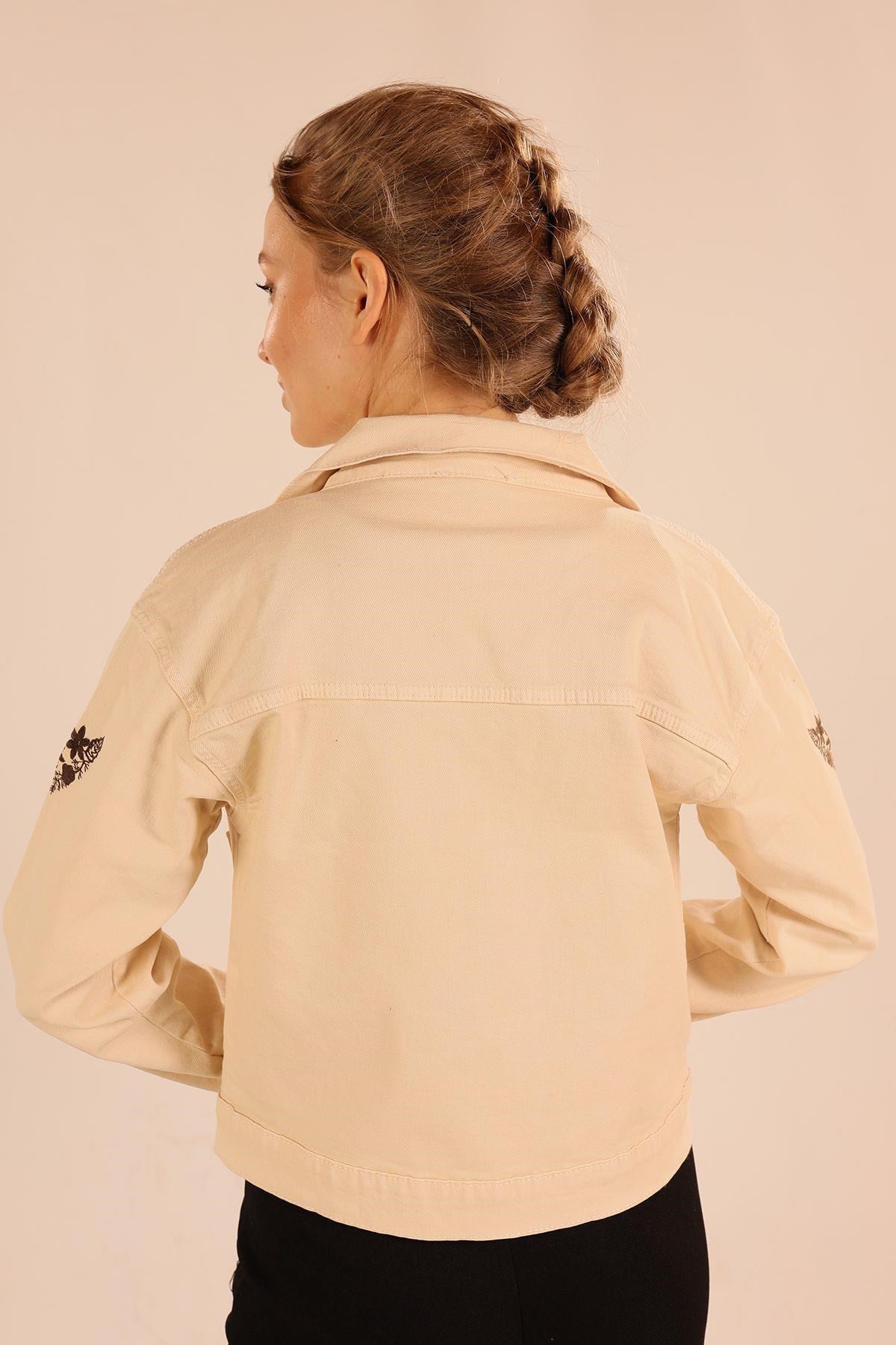 Bej Çiçek Nakış Gabardin Ceket 2445