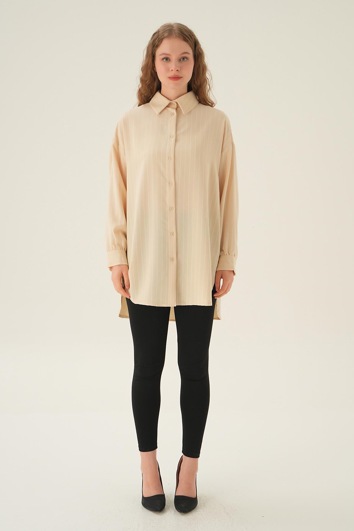 Bej Çizgili Oversize Gömlek 4013A