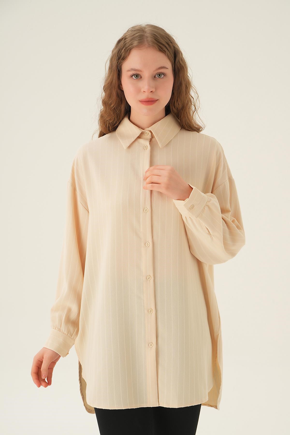 Bej Çizgili Oversize Gömlek 4013A