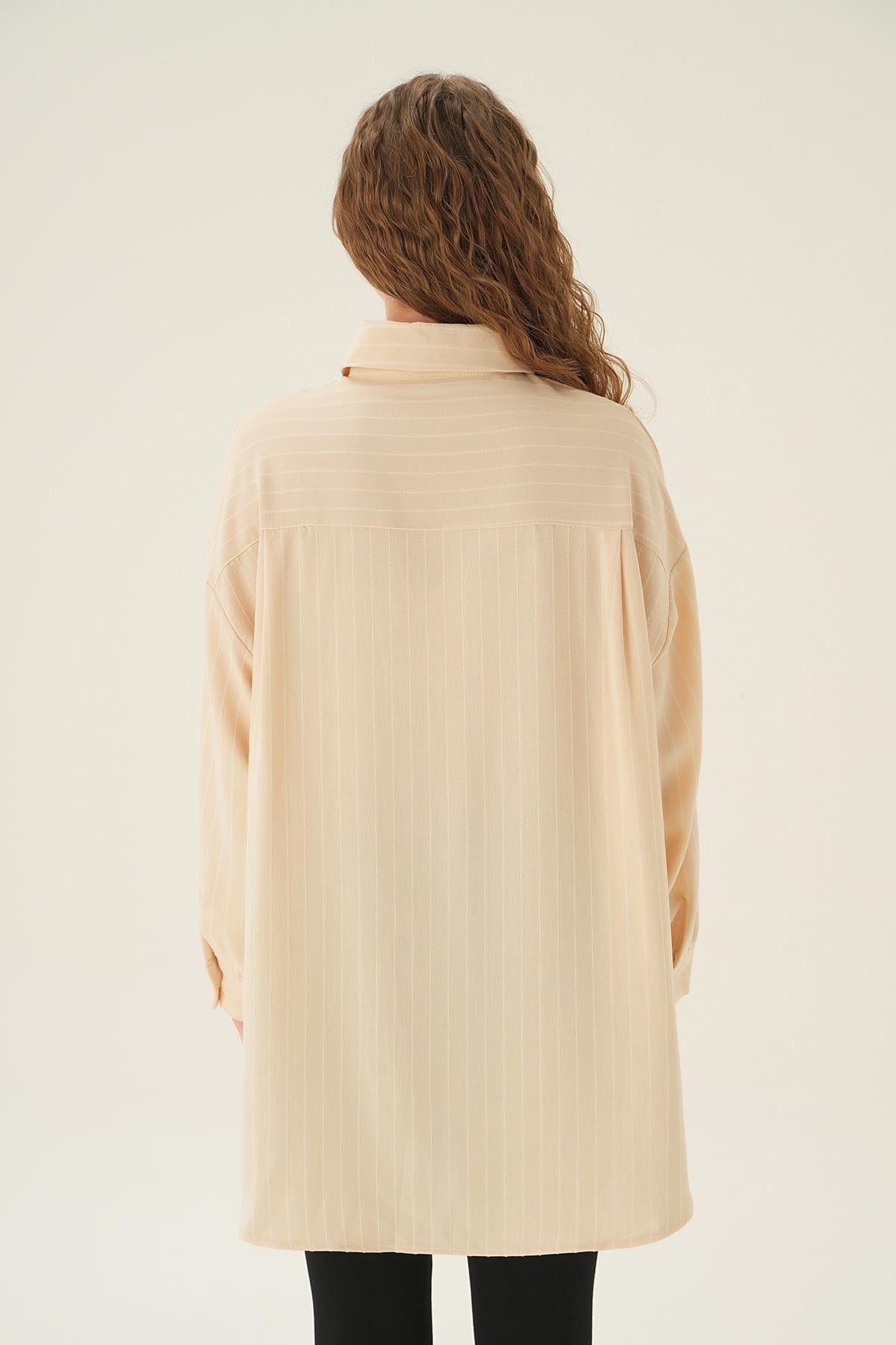 Bej Çizgili Oversize Gömlek 4013A