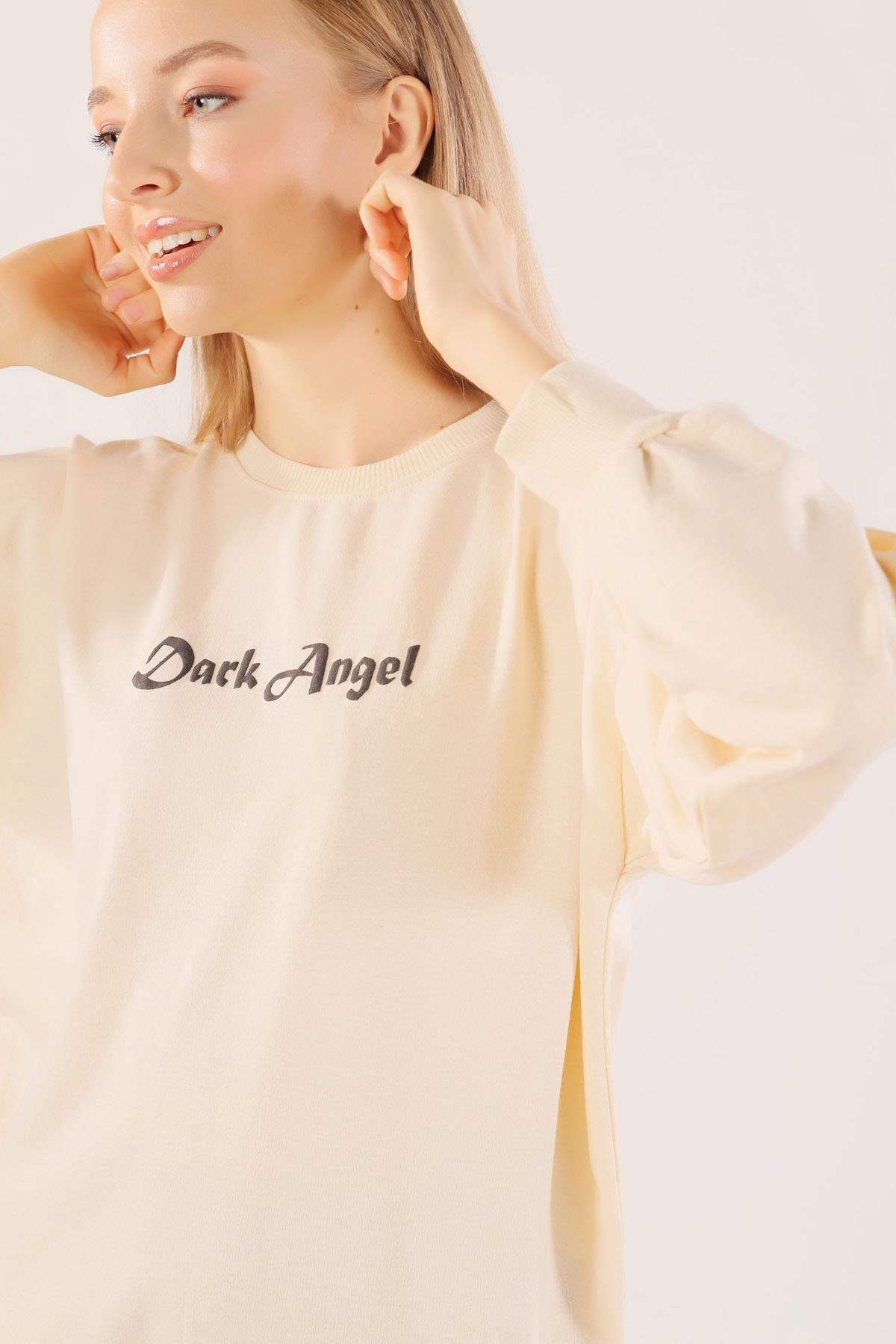 Bej Dark Angel Baskılı Sweat 8633