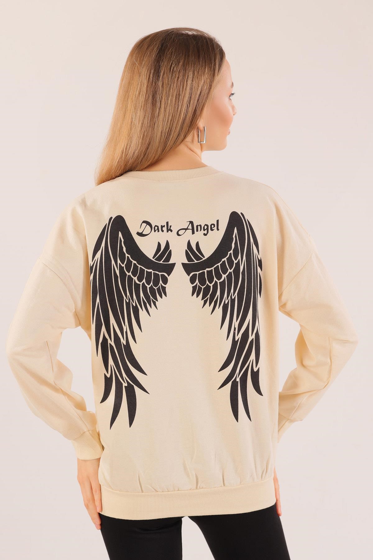 Bej Dark Angel Baskılı Sweat 8633