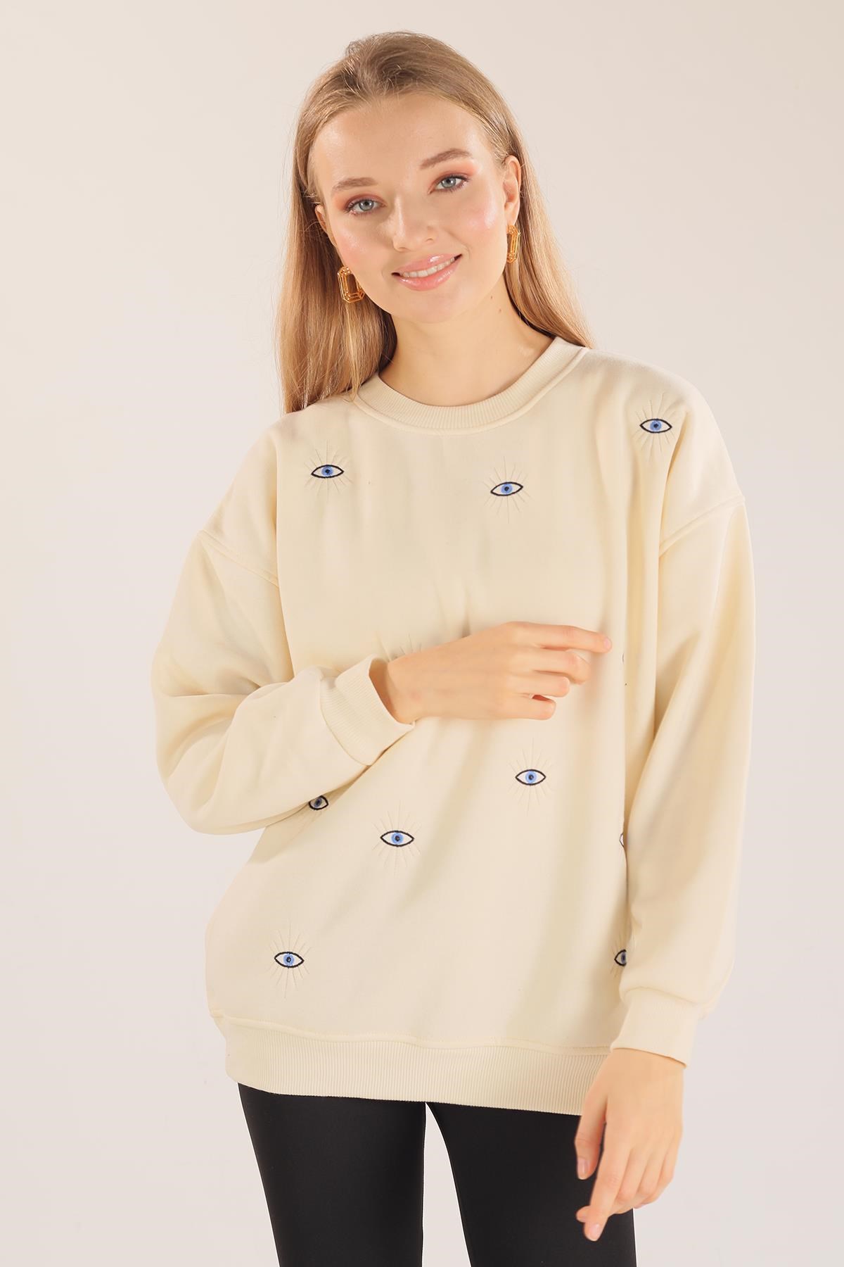 Bej Göz Nakışlı Oversize Sweat 1543