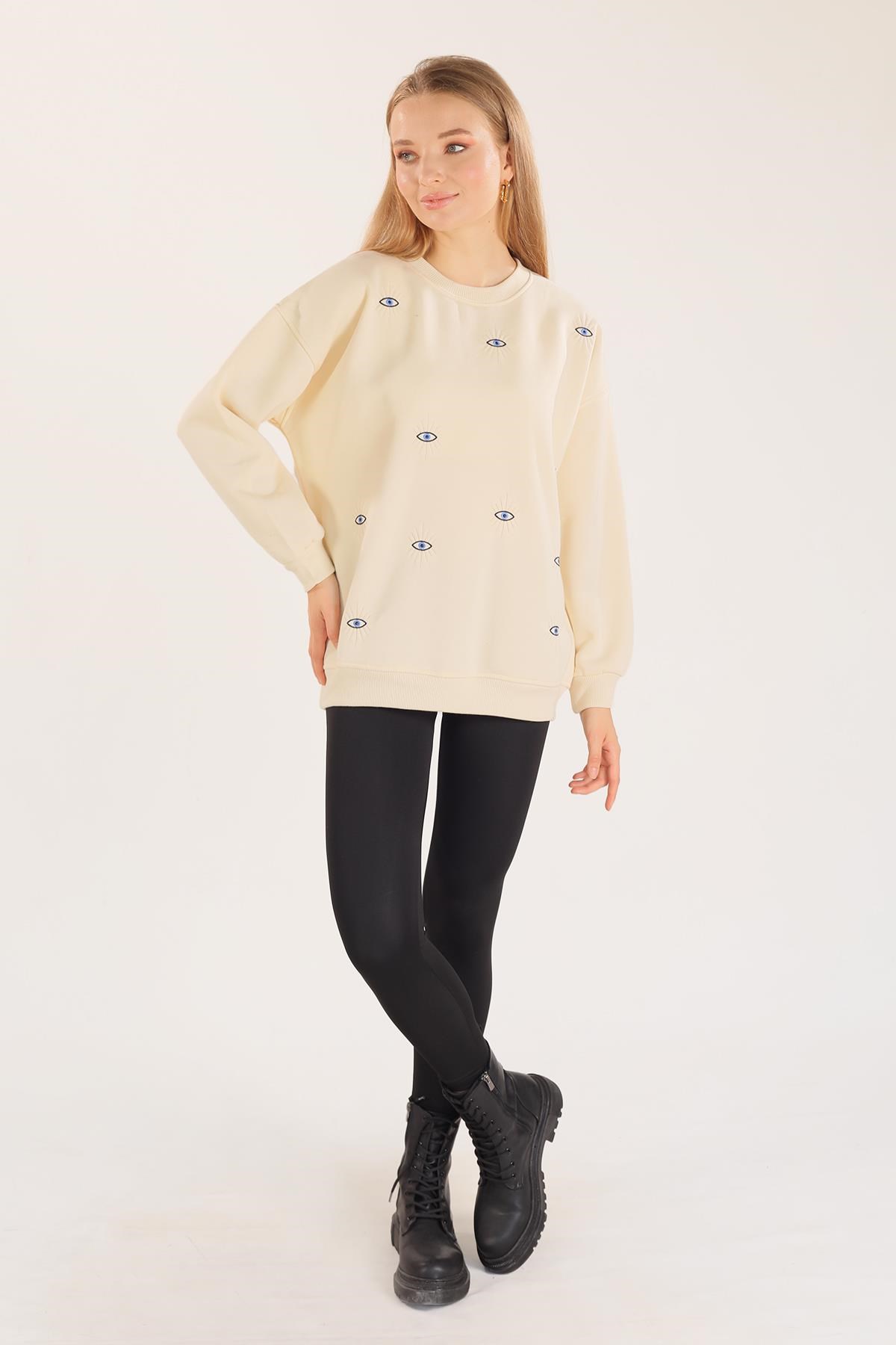 Bej Göz Nakışlı Oversize Sweat 1543