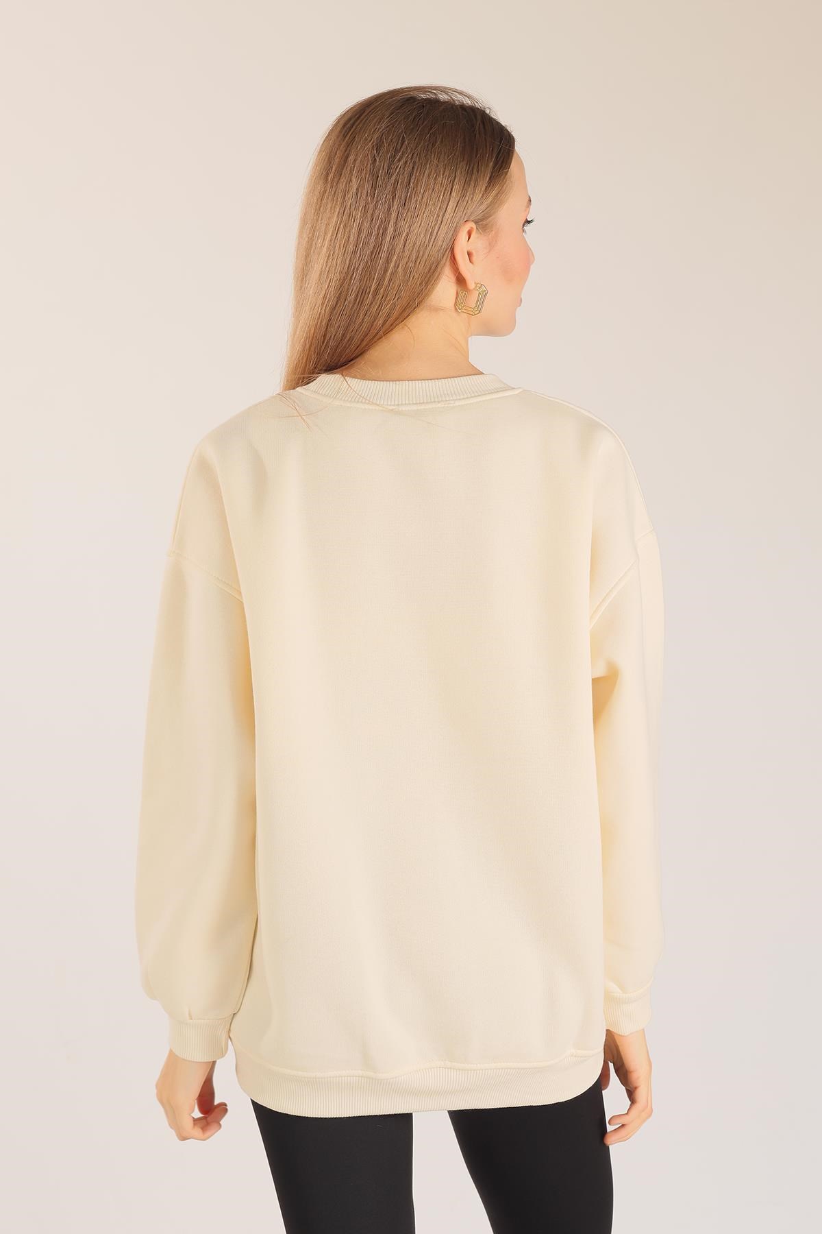 Bej Göz Nakışlı Oversize Sweat 1543