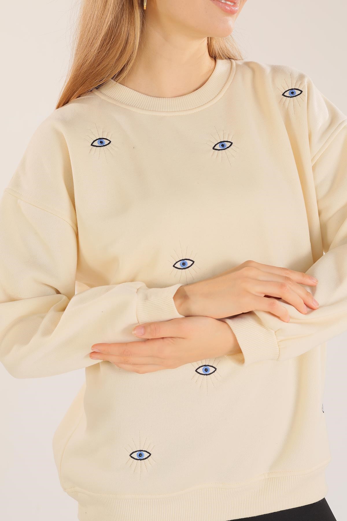 Bej Göz Nakışlı Oversize Sweat 1543