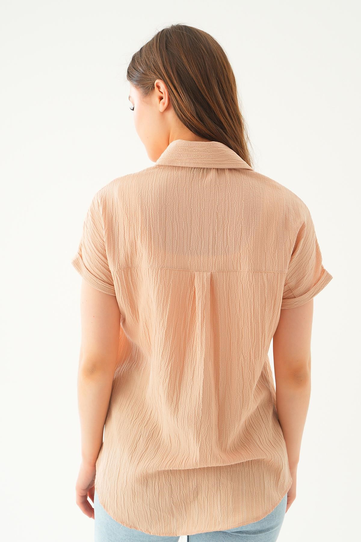 Bej Kısa Kol Oversize Gömlek 4163A