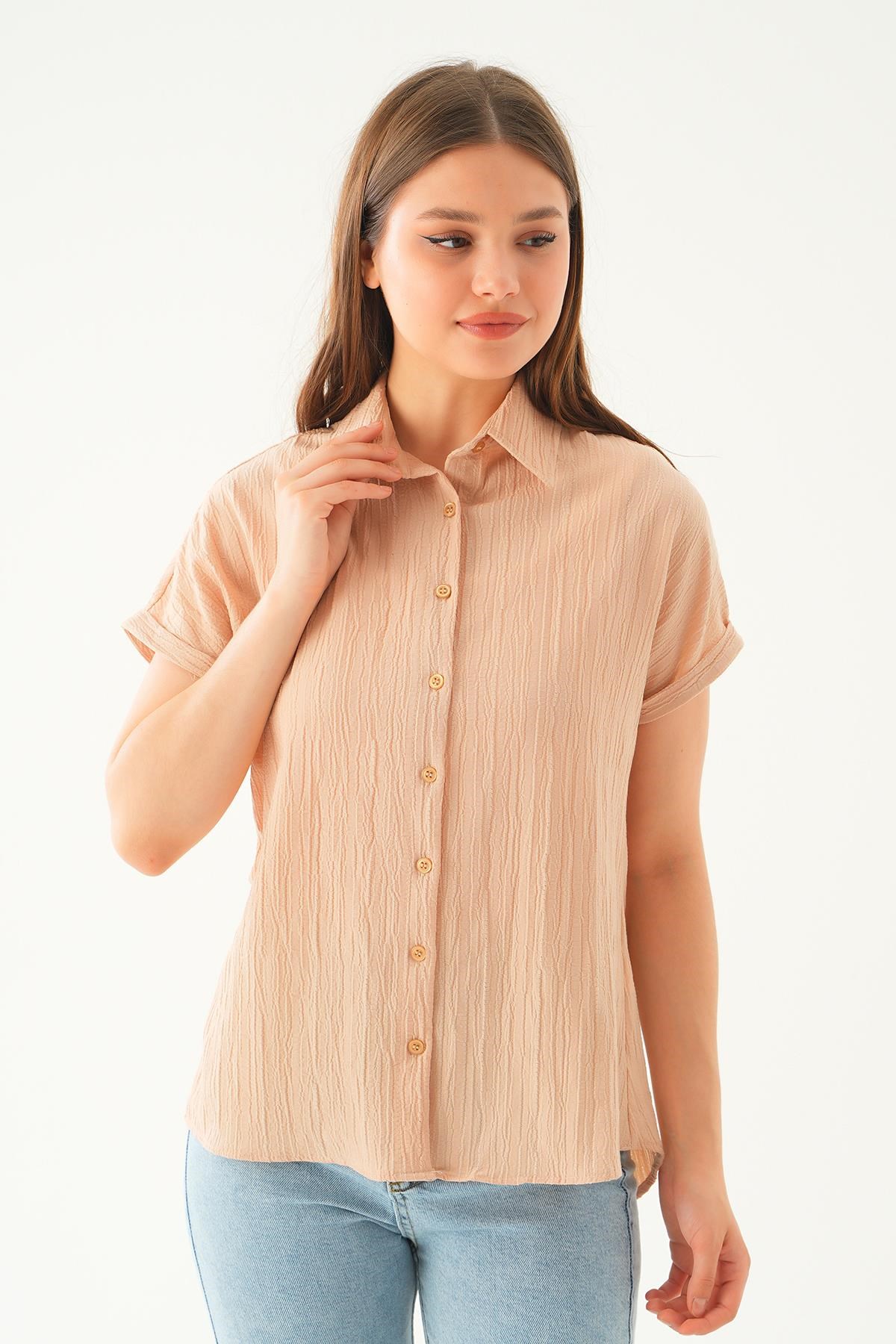 Bej Kısa Kol Oversize Gömlek 4163A