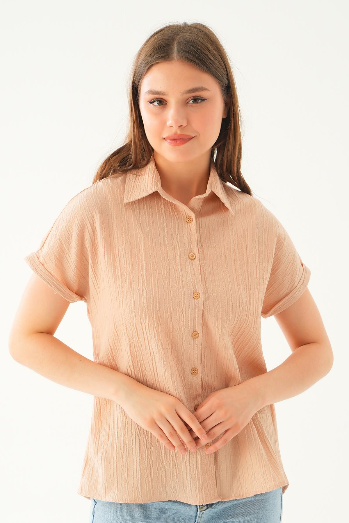 Bej Kısa Kol Oversize Gömlek 4163A