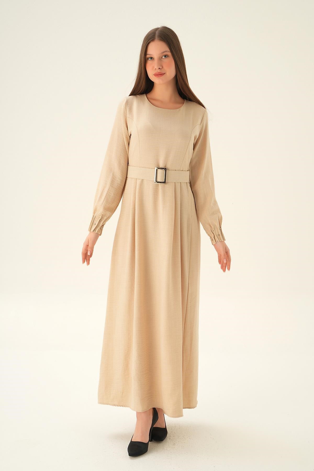 Bej Kol Drape Detay Kemerli Elbise 2659