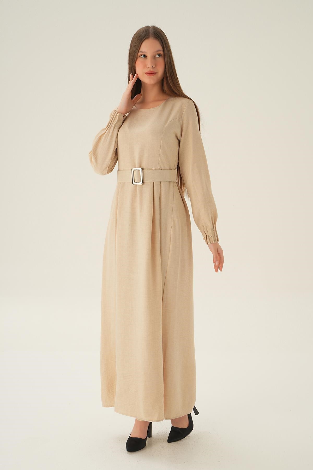 Bej Kol Drape Detay Kemerli Elbise 2659