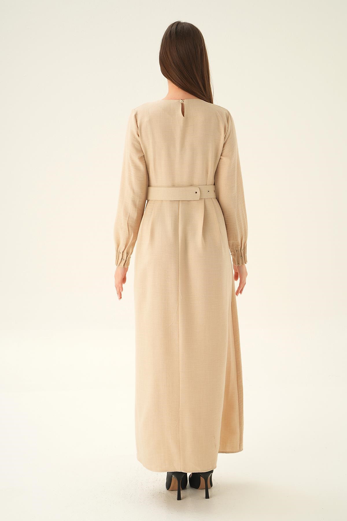 Bej Kol Drape Detay Kemerli Elbise 2659