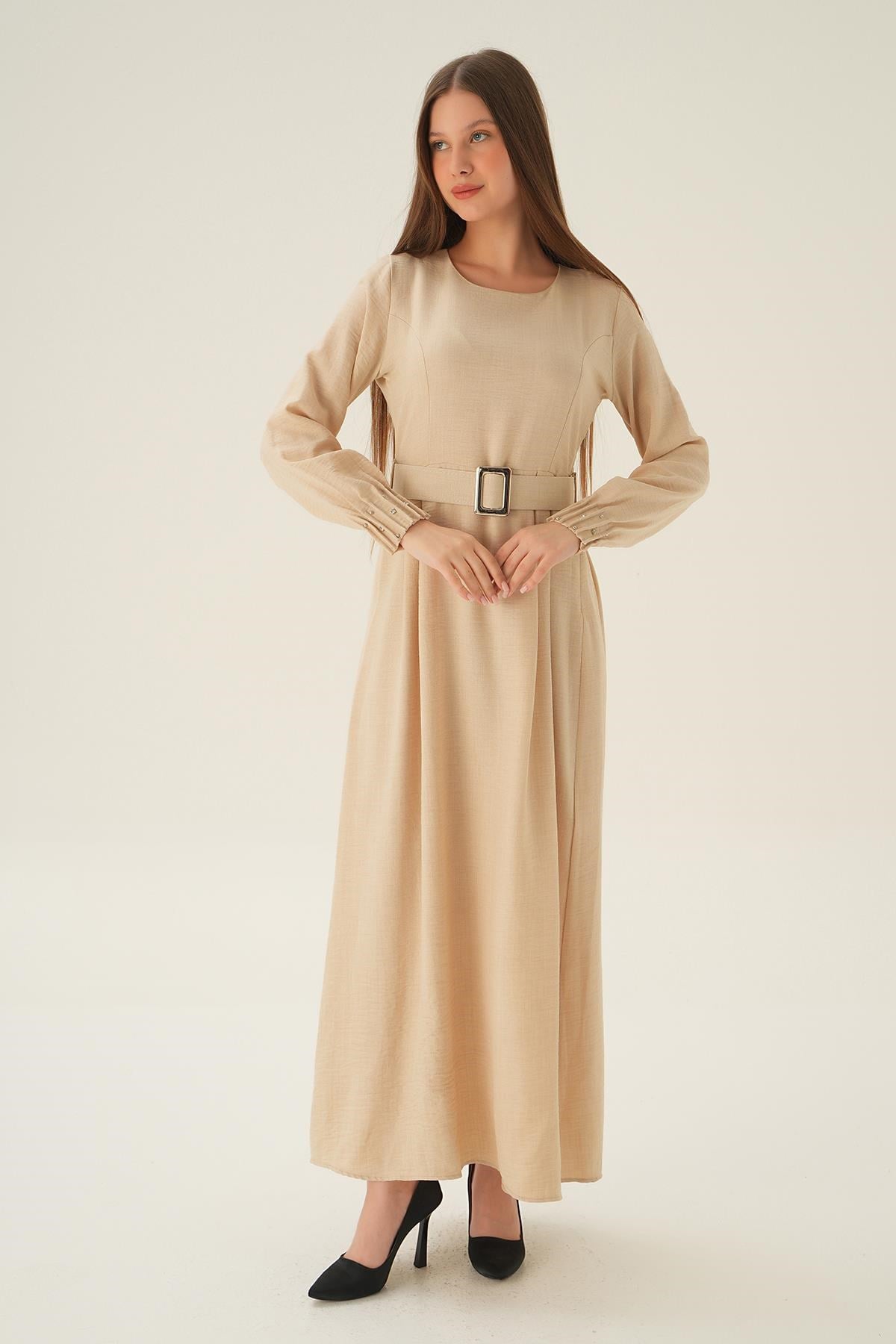 Bej Kol Drape Detay Kemerli Elbise 2659