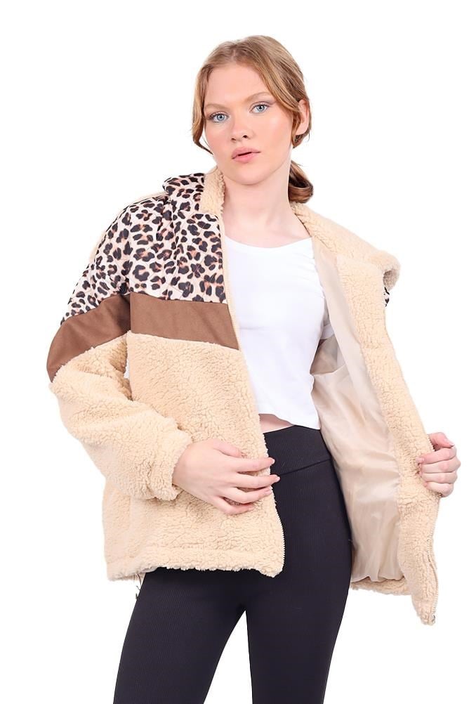 Bej Leopar Kapitone Garnili Kapüşonlu Peluş Mont 1895