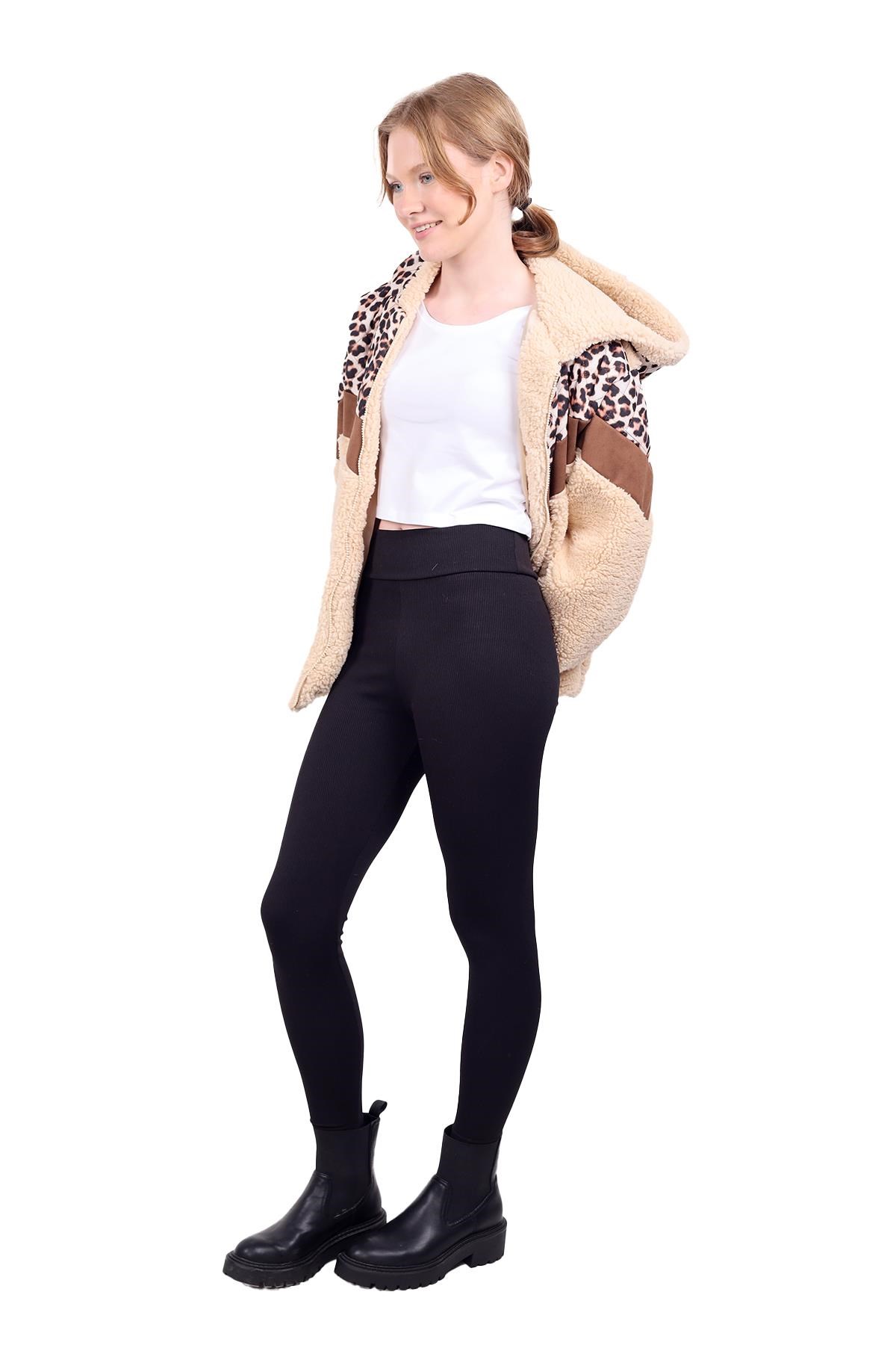 Bej Leopar Kapitone Garnili Kapüşonlu Peluş Mont 1895