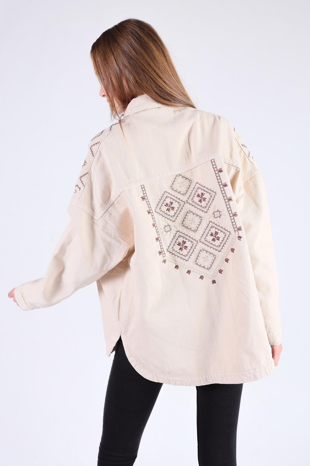 Bej Omuz Desenli Gabardin Ceket 384