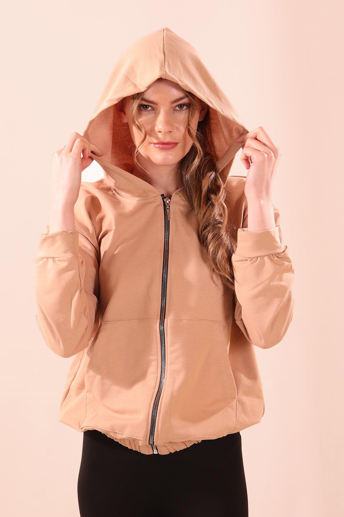 Bej Oversize Fermuarlı Sweat 8126M
