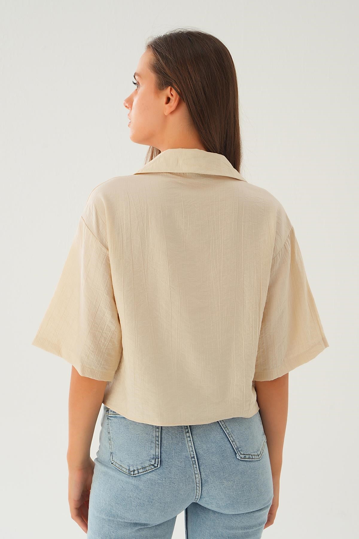 Bej Oversize Kısa Gömlek 4159A