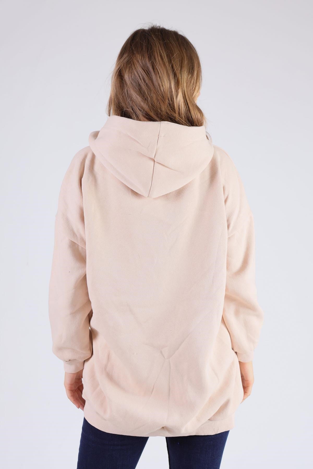 Bej Oversize Uzun Fermuarlı Sweat 8124M