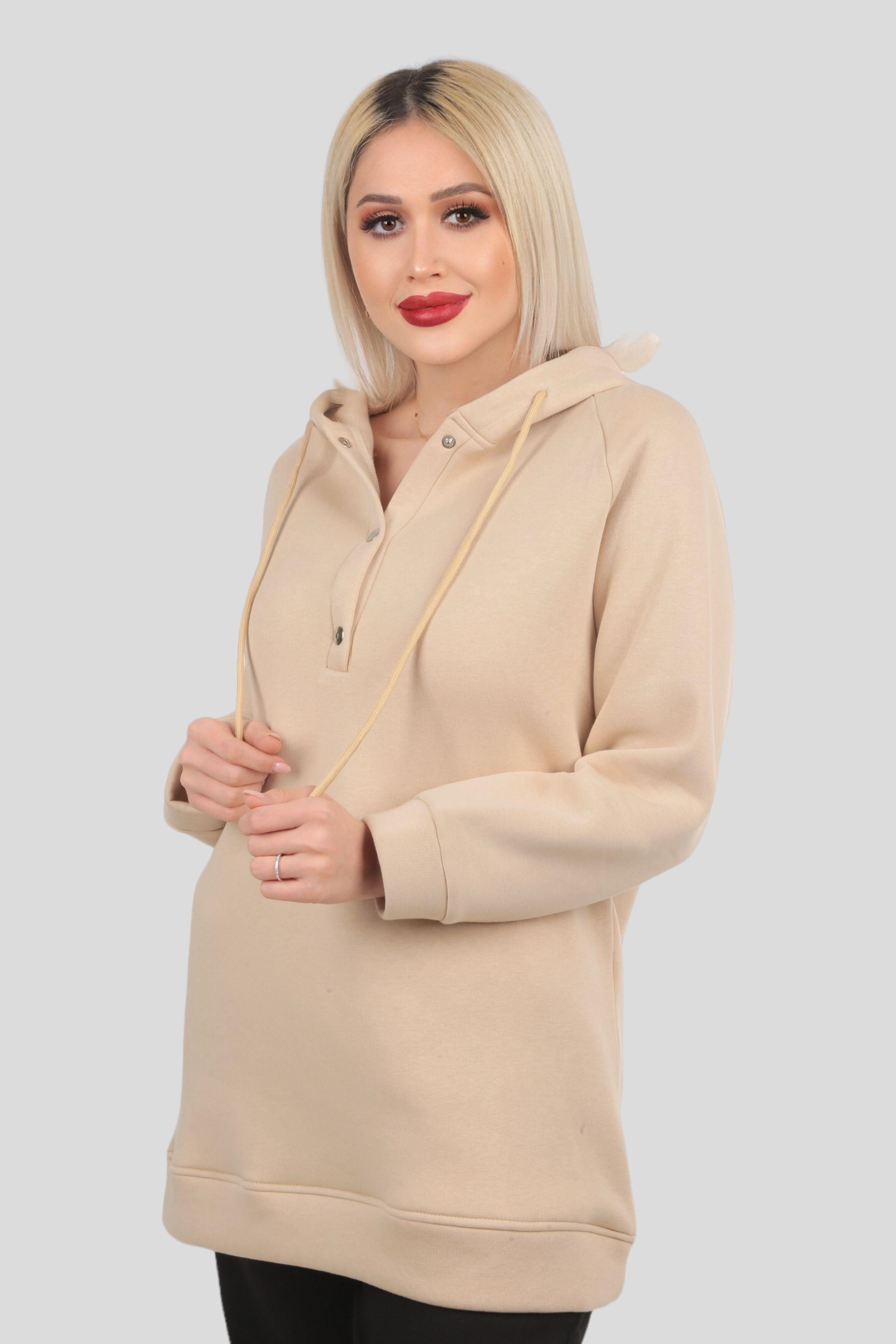 Bej Yaka Çıtçıtlı Kapüşonlu Sweat 9020M
