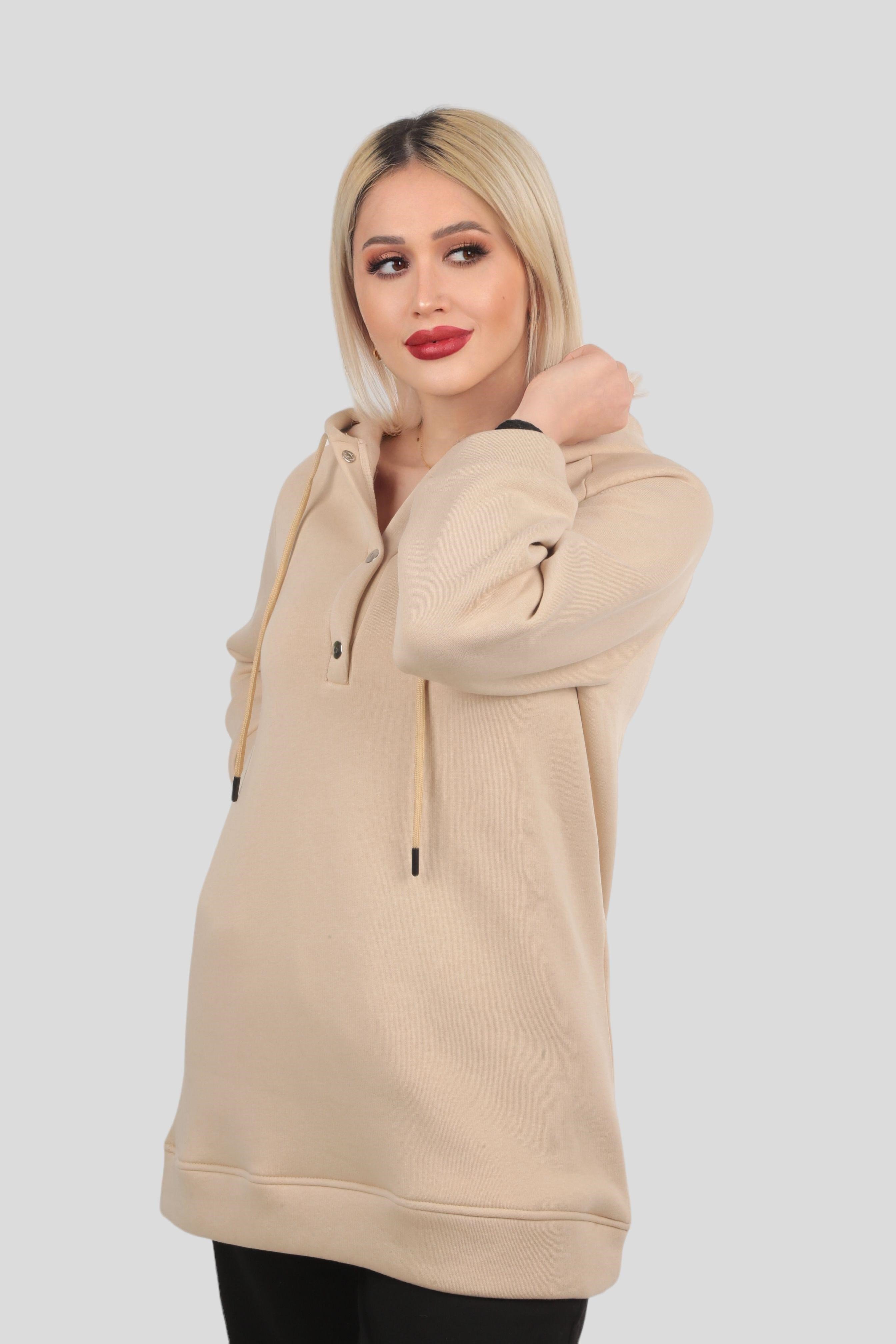 Bej Yaka Çıtçıtlı Kapüşonlu Sweat 9020M