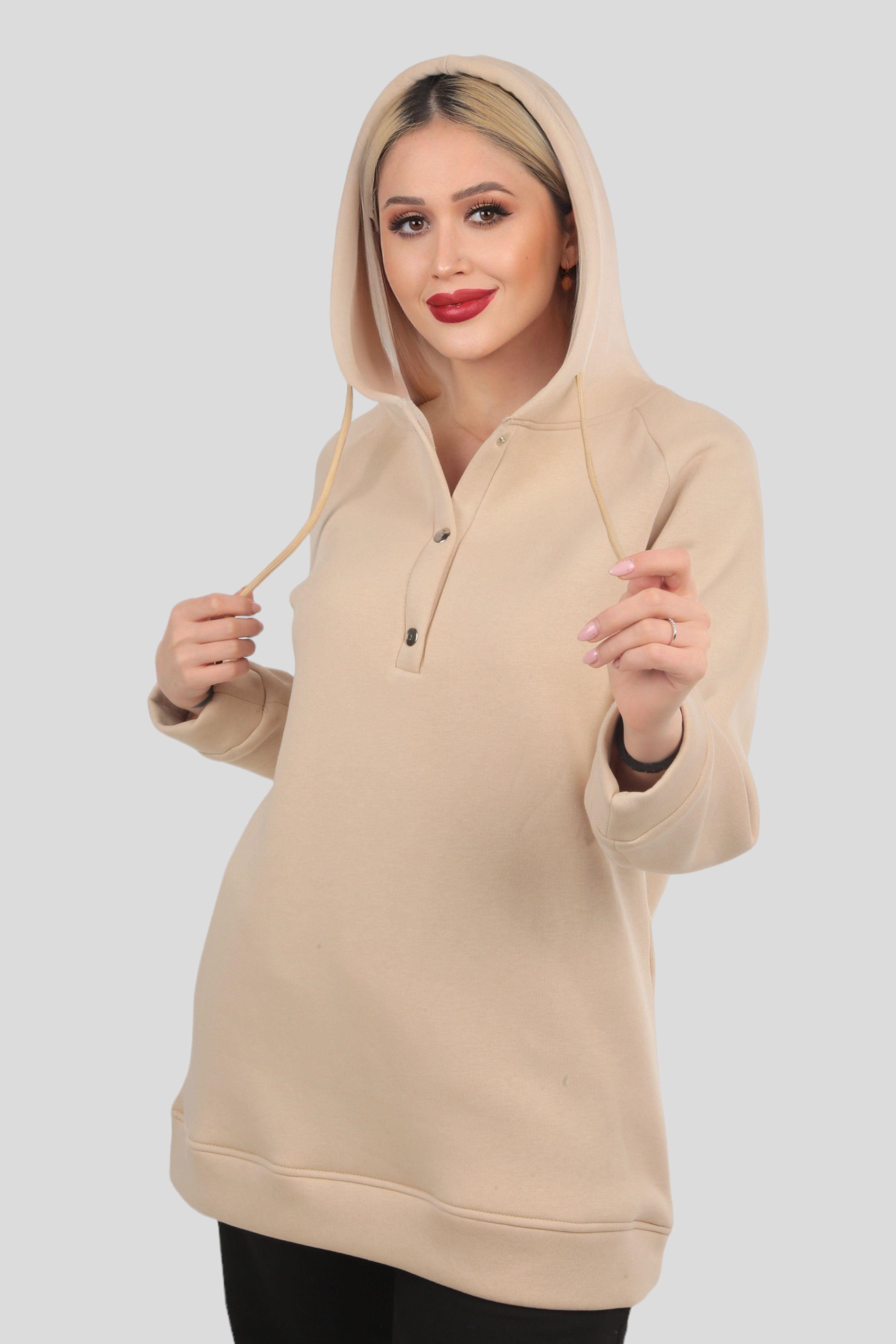 Bej Yaka Çıtçıtlı Kapüşonlu Sweat 9020M
