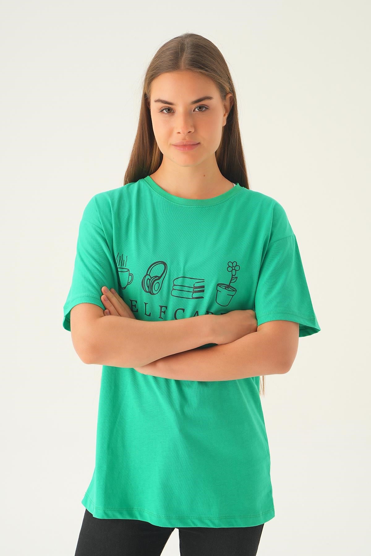Benetton Yeşili Baskılı Oversize Tişört 1716