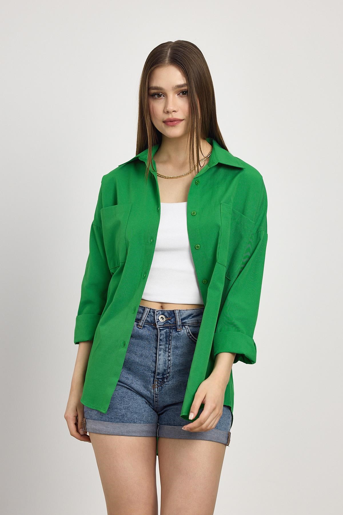 Benetton Yeşili Çift Cepli Oversize Uzun Basic Gömlek TCR 6256A