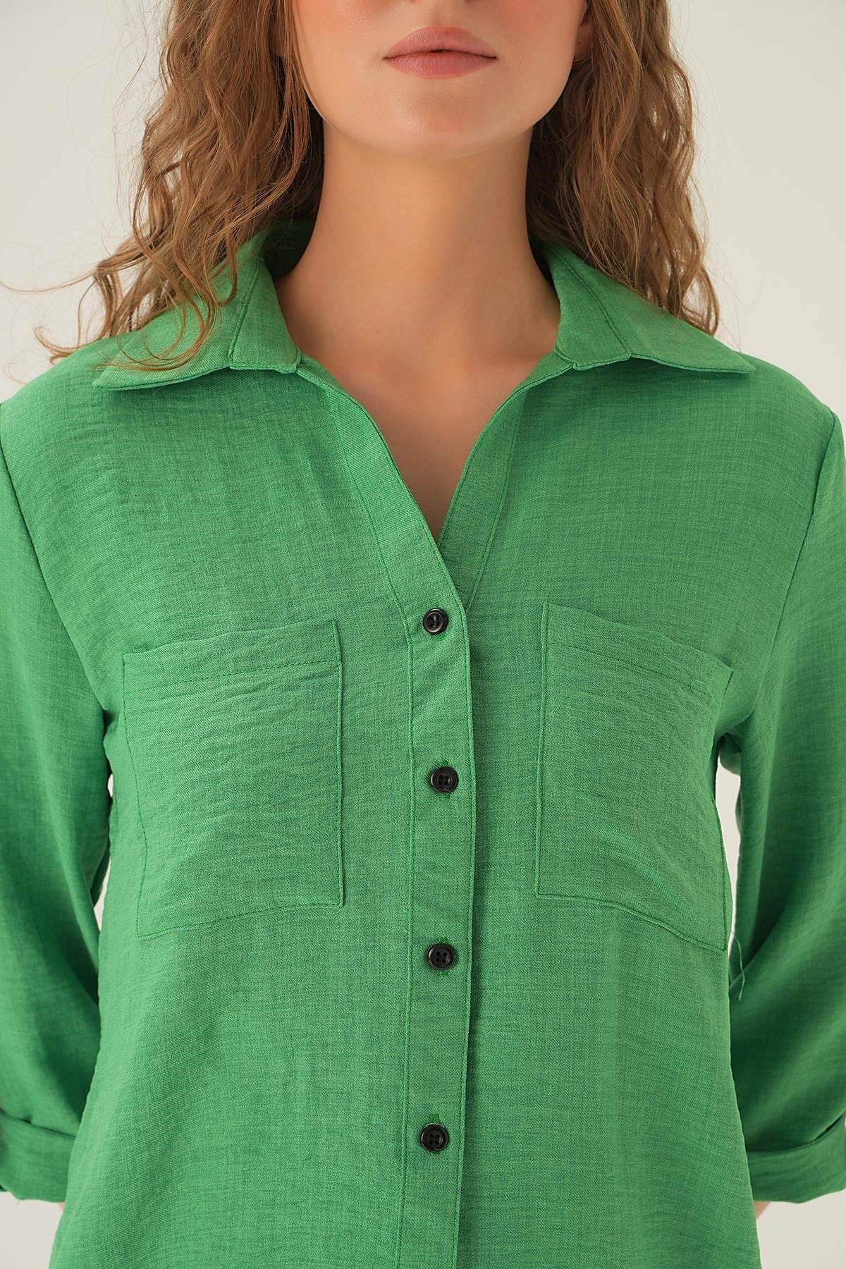 Benetton Yeşili Kol Katlamalı Çift Cep Gömlek 4132A