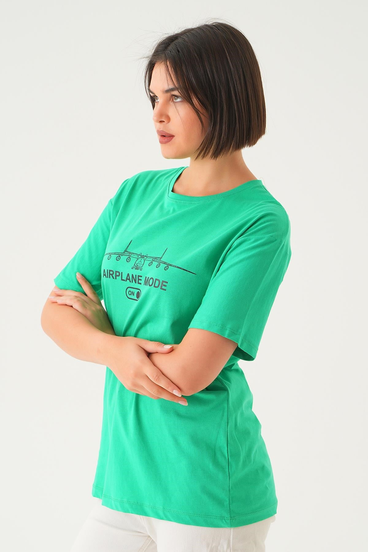 Benetton Yeşili Mode On Baskı Oversize Tişört 1721