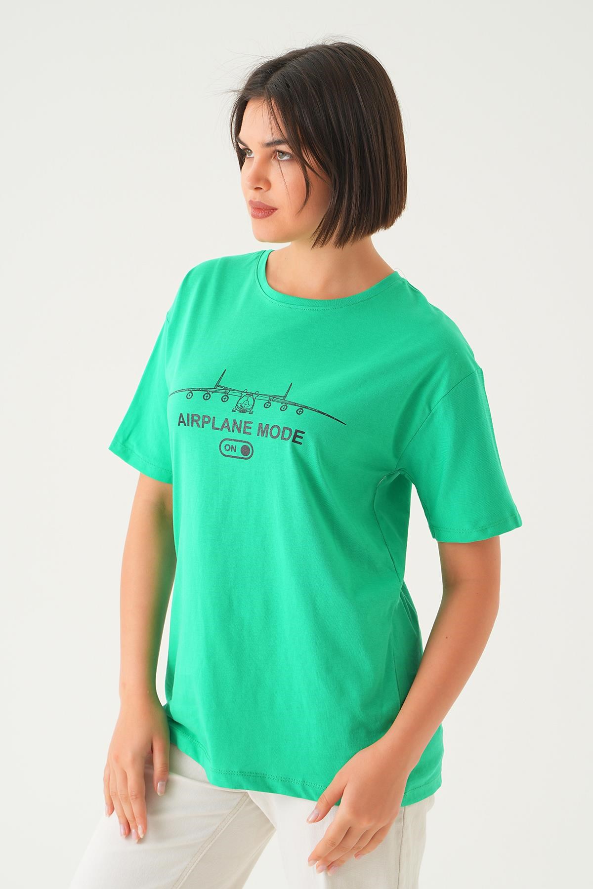 Benetton Yeşili Mode On Baskı Oversize Tişört 1721