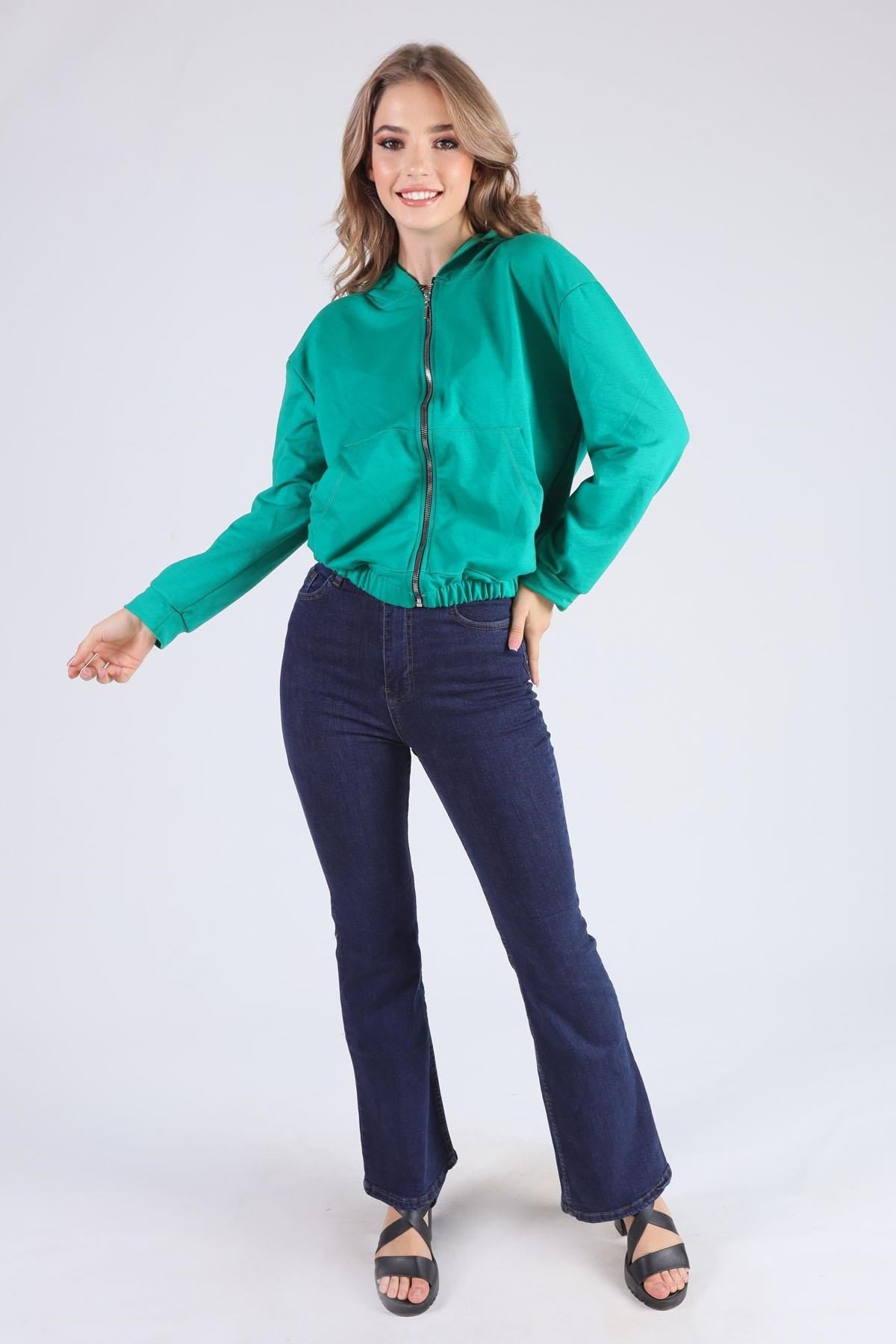 Benetton Yeşili Oversize Fermuarlı Sweat 8126M