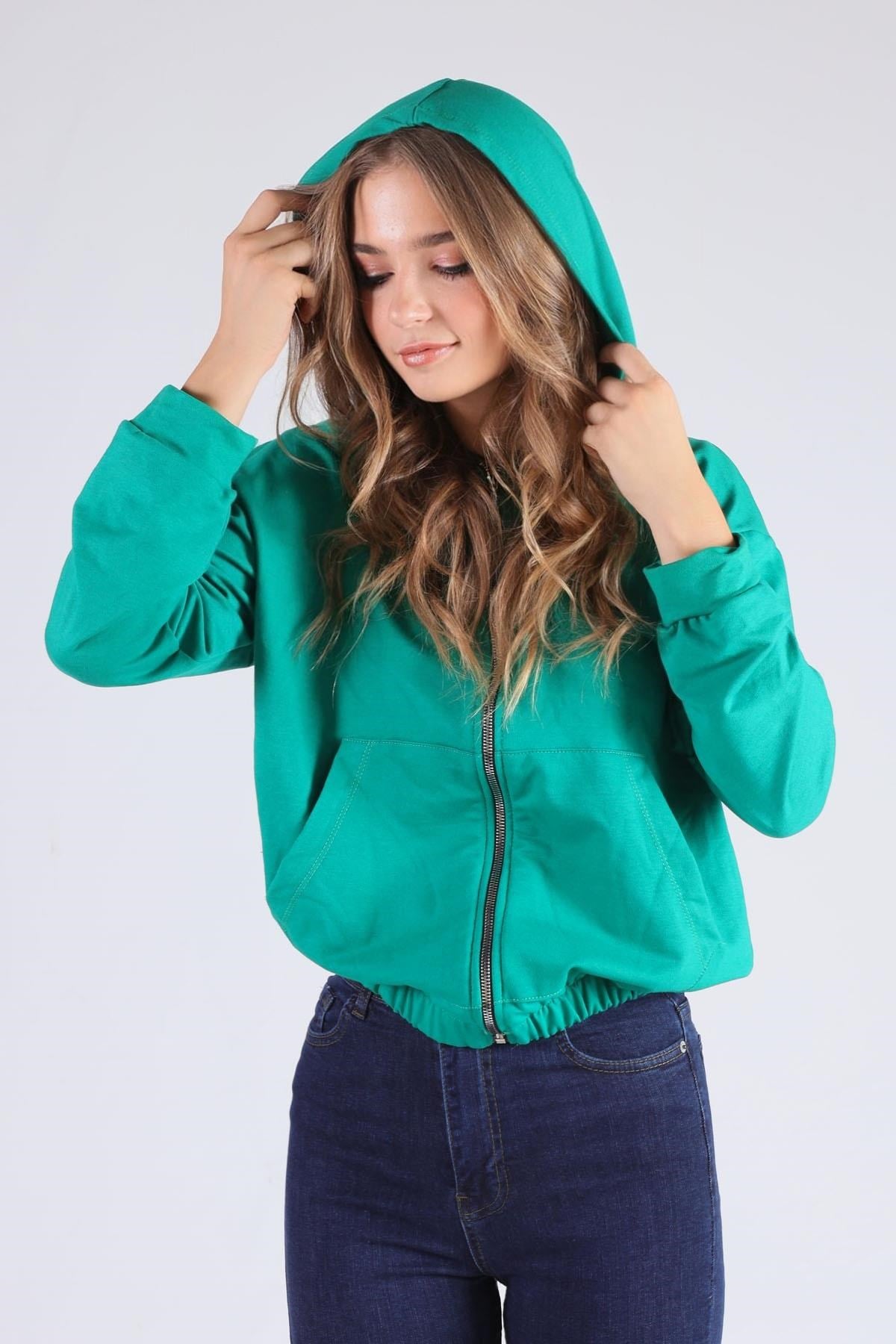 Benetton Yeşili Oversize Fermuarlı Sweat 8126M