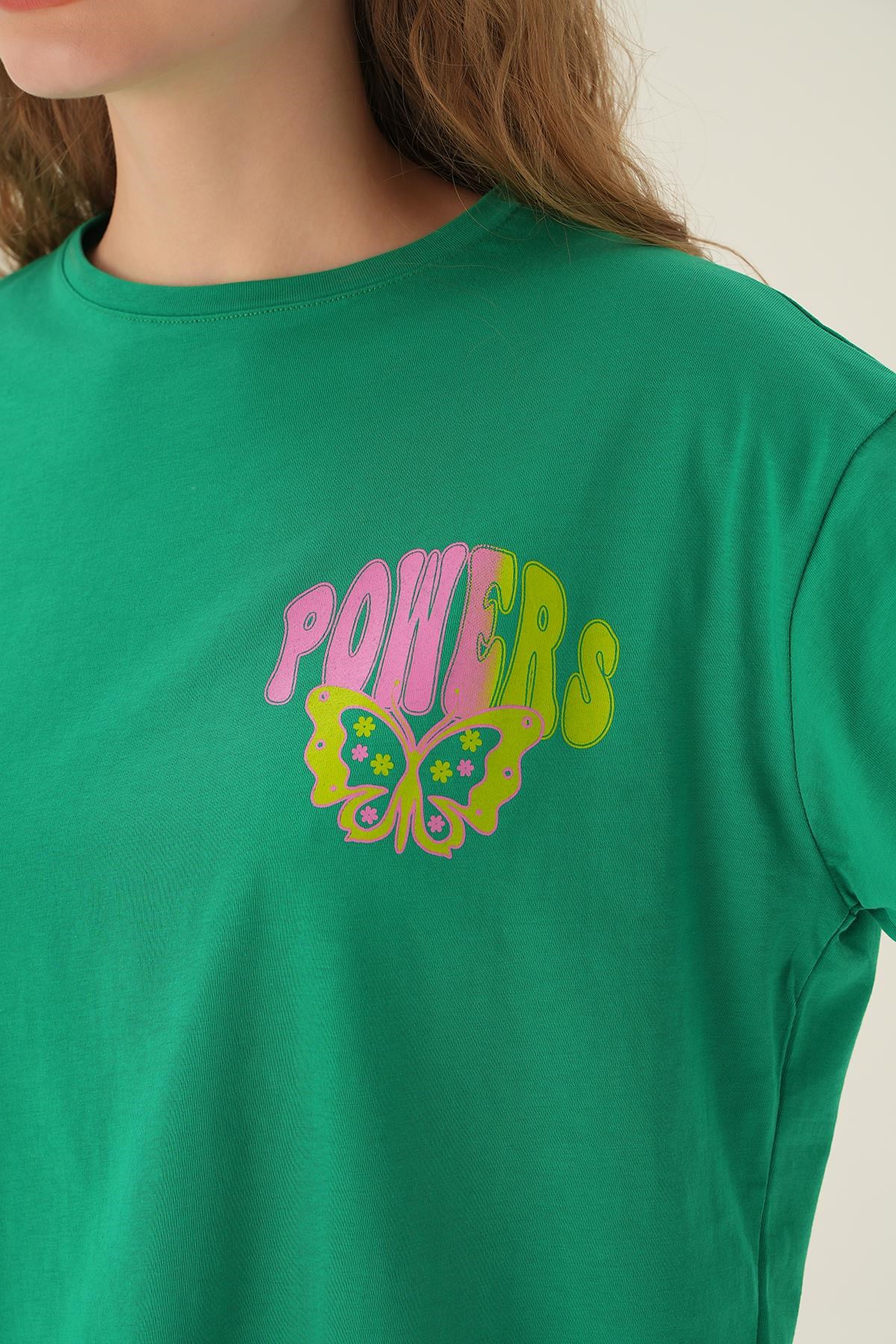 Benetton Yeşili Powers Kelebek Baskı Oversize Tişört 1700