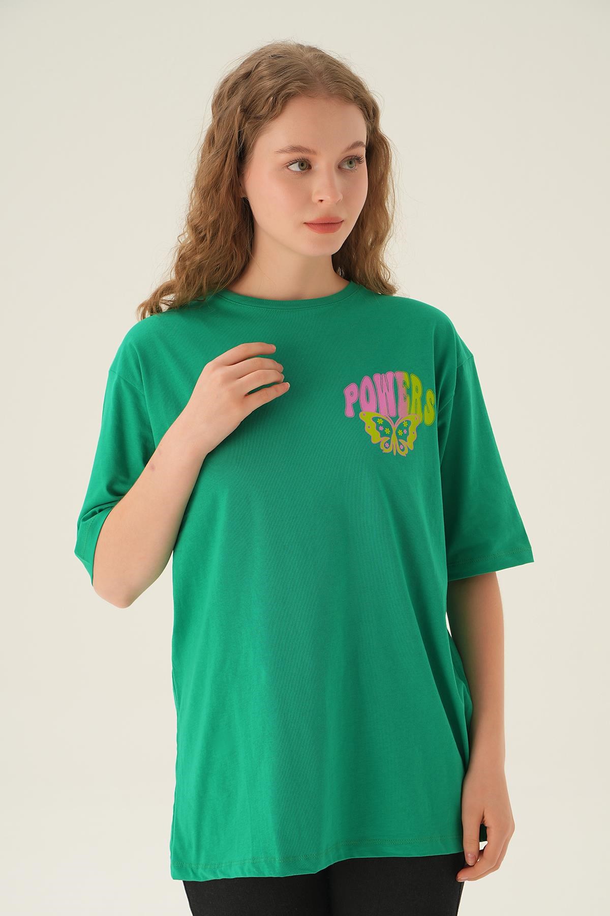 Benetton Yeşili Powers Kelebek Baskı Oversize Tişört 1700