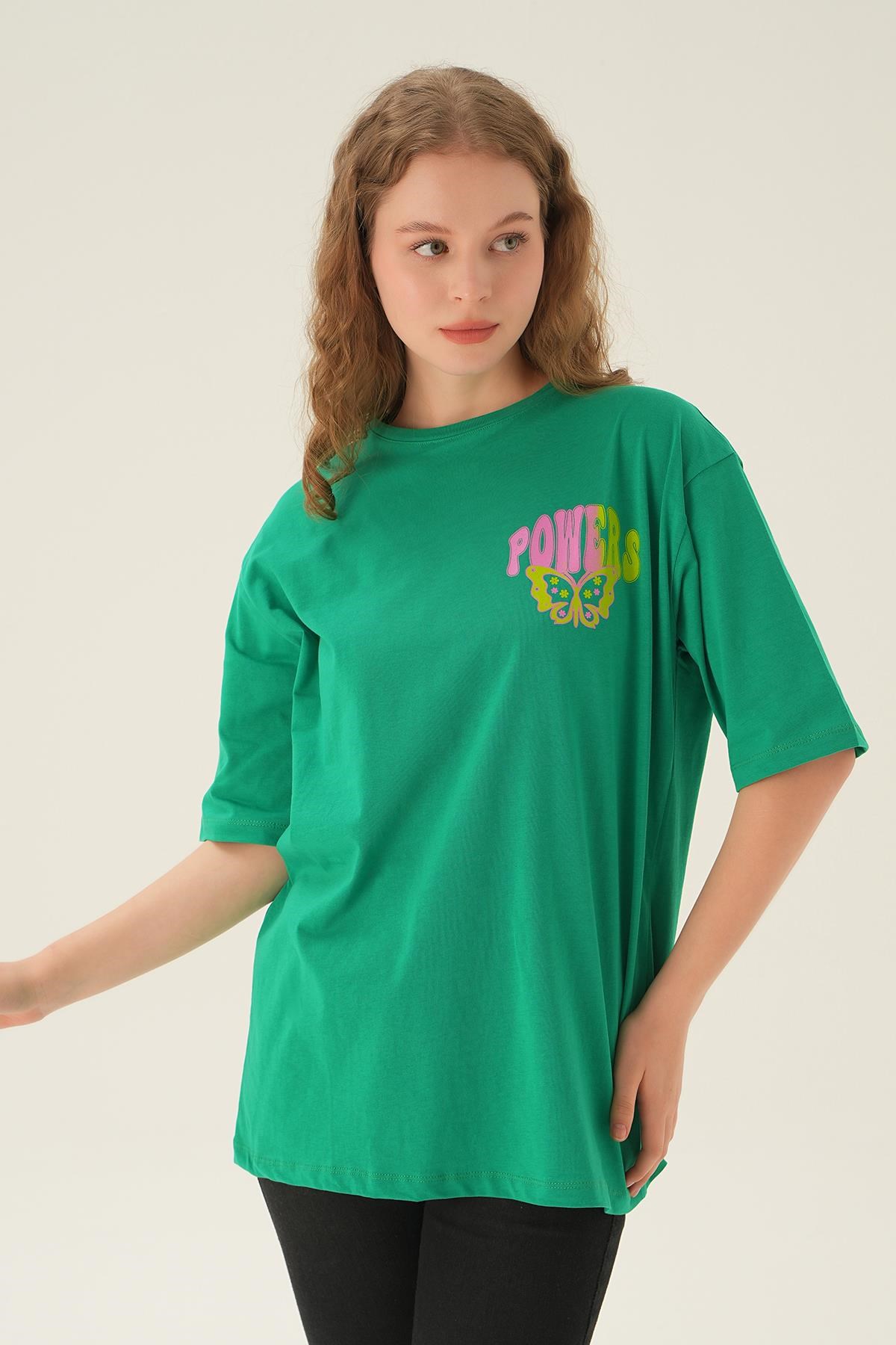 Benetton Yeşili Powers Kelebek Baskı Oversize Tişört 1700