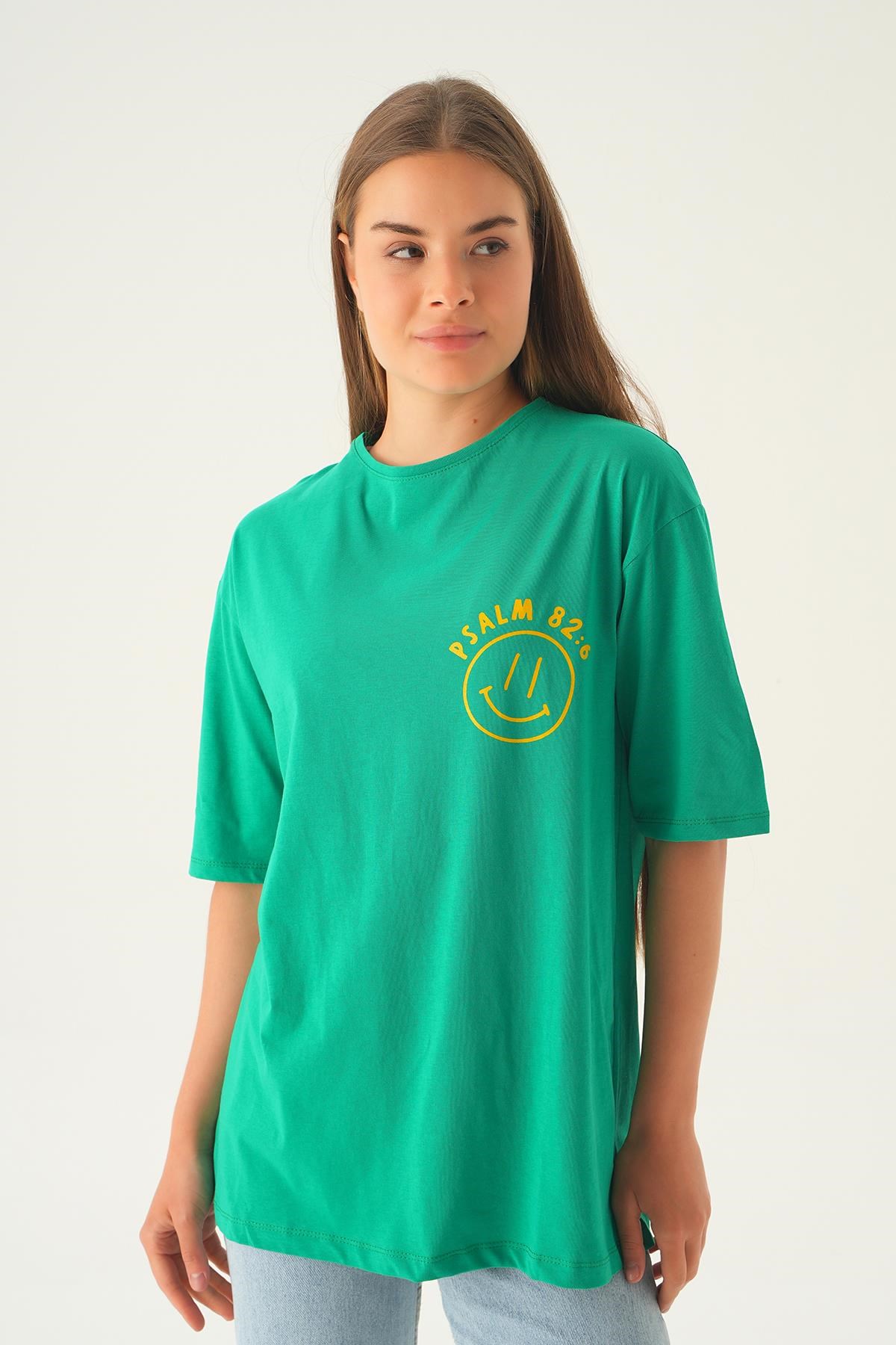 Benetton Yeşili Psalm Baskı Oversize Tişört 1702