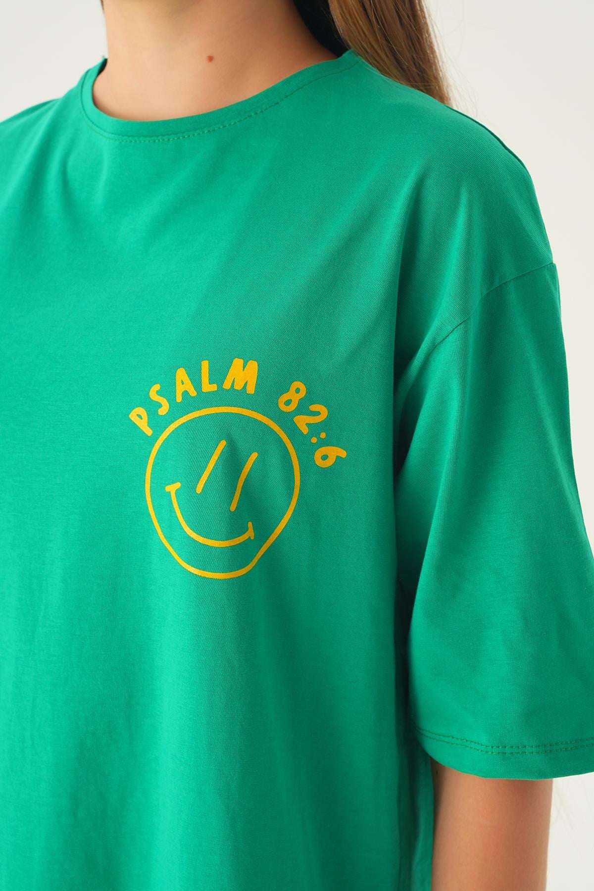 Benetton Yeşili Psalm Baskı Oversize Tişört 1702