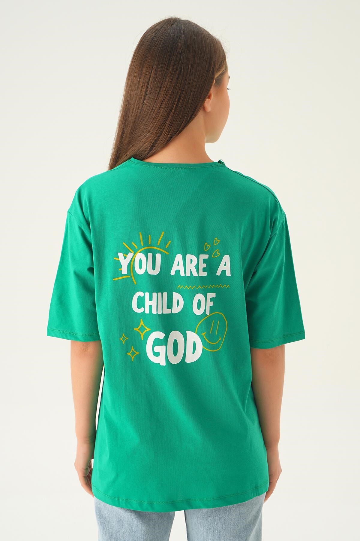 Benetton Yeşili Psalm Baskı Oversize Tişört 1702