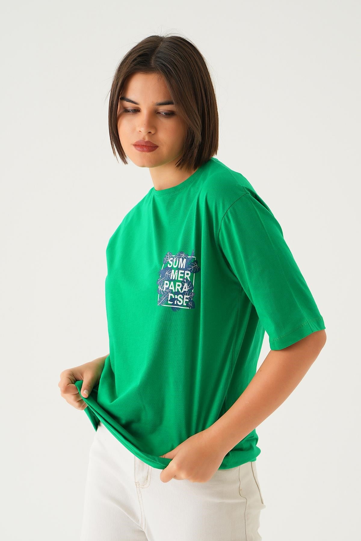 Benetton Yeşili Summer Baskı Oversize Tişört 1710